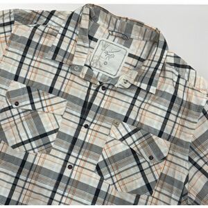 Prana Mens Sz M Pearl Snap Short Sleeve Shirt Beige Orange Black Plaid Fish Hike